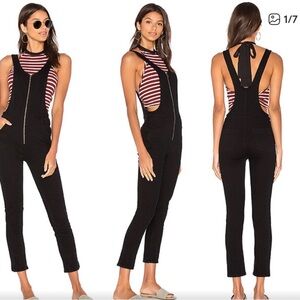 Free People Black Denim Skinny Overalls